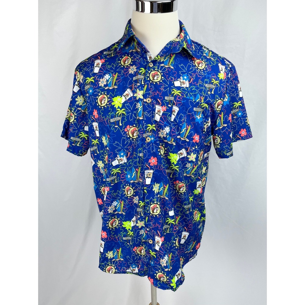 Buc-ee's Men‎ Medium Blue Short Sleeve Button Up Shirt Hawaiian Tropical Surf